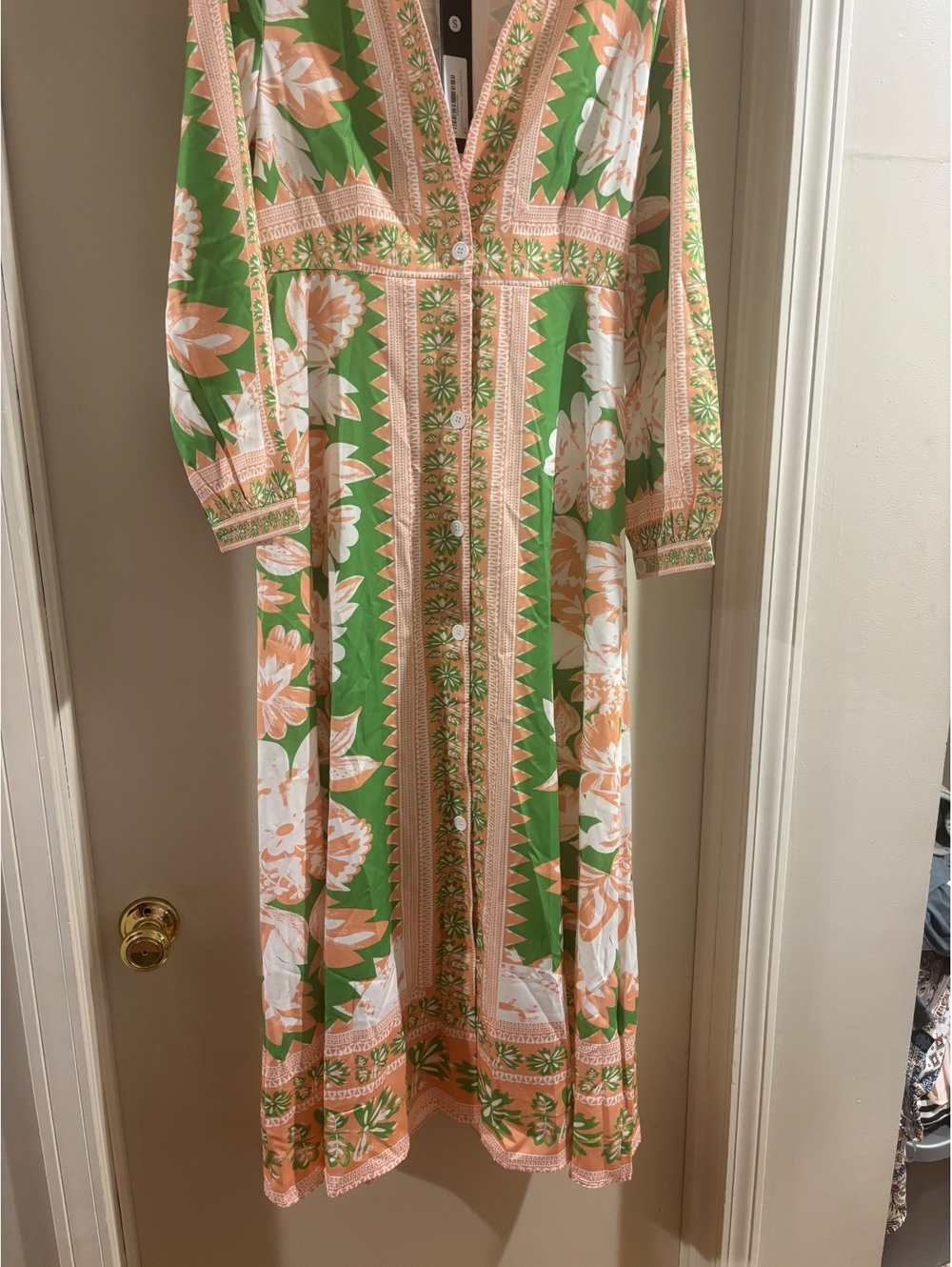 NWT Boho Floral Button Front Maxi Dress Green Peach Long Sleeve Small - Picture 3 of 7